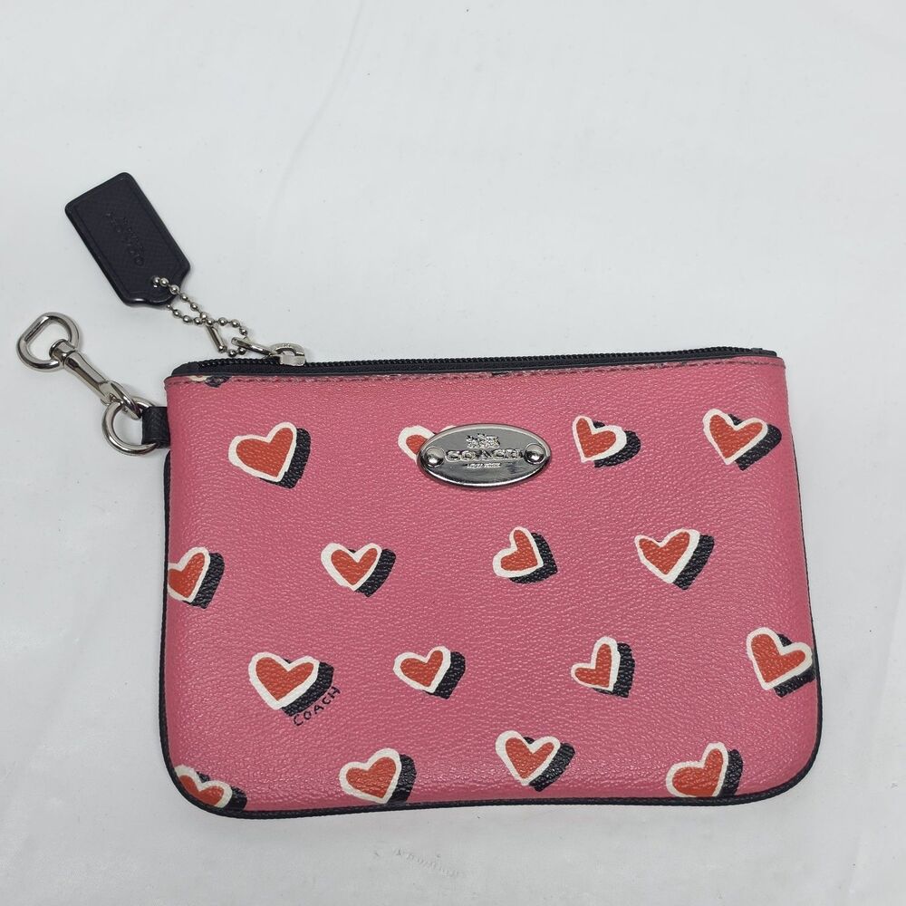 Coach Hearts Print Small Pink Pouch Wallet Wristlet F52560 Missing Strap